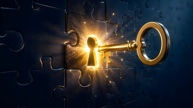 Conceptual business strategy and solution featuring a glowing golden key unlocking a dark metallic jigsaw puzzle