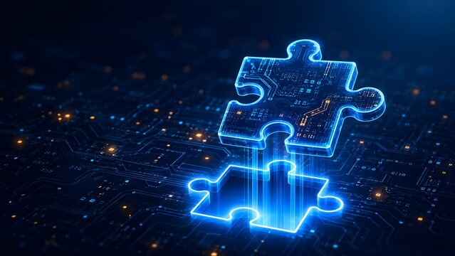 Concept of digital integration showing a glowing blue technology puzzle piece fitting into a futuristic circuit board
