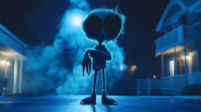 Bizarre, furry creature stands under a street light at night
