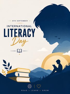 International Literacy Day poster, educational concept with boy reading books. Minimalist flat illustration for school learning and global education.