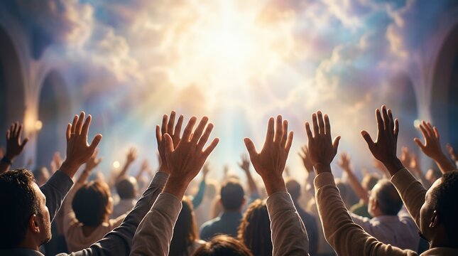 Spiritual religious backdrop showing outstretched hands raised in faithful worship and heartfelt gratitude toward a bright ethereal light worship prayer hand religion faith spiritual hope light