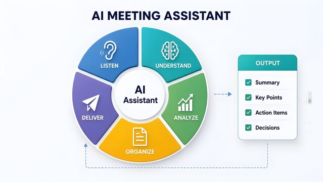 Artificial intelligence meeting assistant circular infographic showing automated workflow process from listening to output summary and decisions