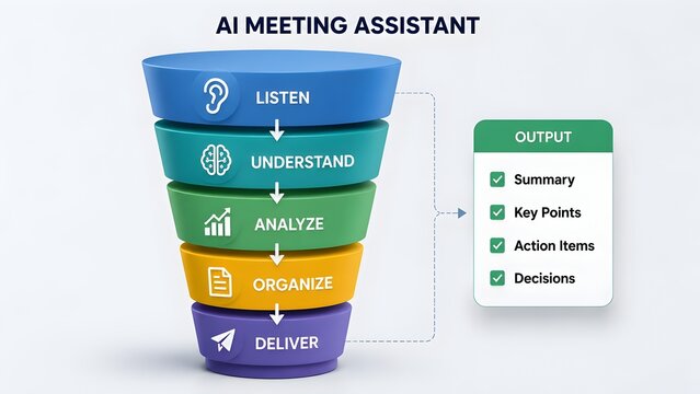 3D funnel infographic of artificial intelligence meeting assistant showing data filtering process into summary action items and decisions