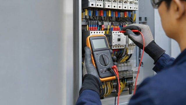Technician staff performing electrical activity with multimeter tool in control panel for maintenance and safety inspection