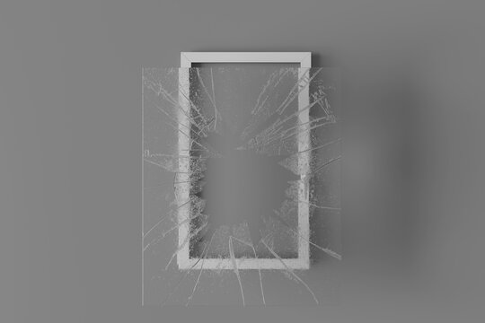 3d Rendering of a broken glass with radial crack above white window frame