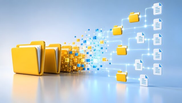 Yellow folders transforming into digital data nodes. Concept of enterprise document conversion and network infrastructure.
