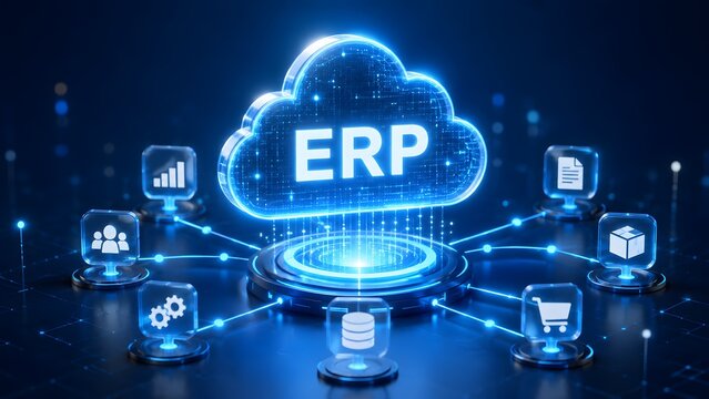 Glowing cloud shape with ERP text surrounded by business icons. Concept of enterprise resource planning and cloud integration.