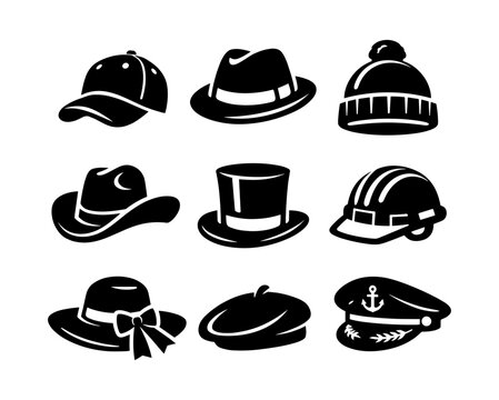 Collection of diverse headwear icons including caps, hats, and caps for various professions