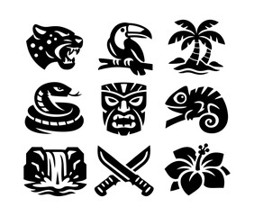 Naklejka premium Jungle icons set with jaguar, toucan, snake, tiki mask, and tropical elements