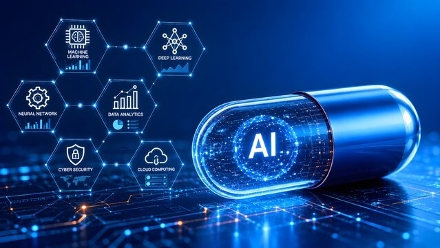 Blue digital pill with artificial intelligence icons. Concept of modern healthcare technology and machine learning in medicine.