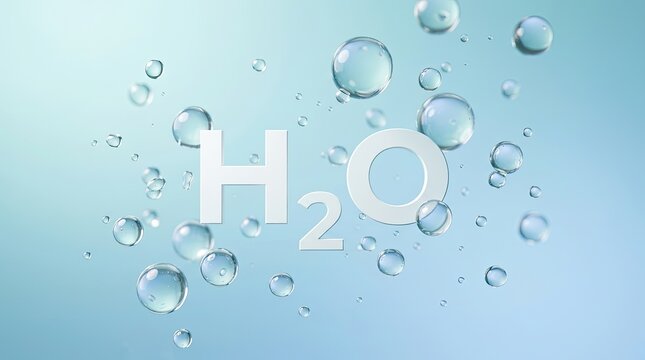 Chemical formula h2o written in white letters surrounded by floating clear water bubbles on blue background
