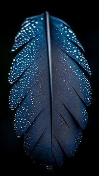 Close-up of a blue feather with dew drops, set against a black background