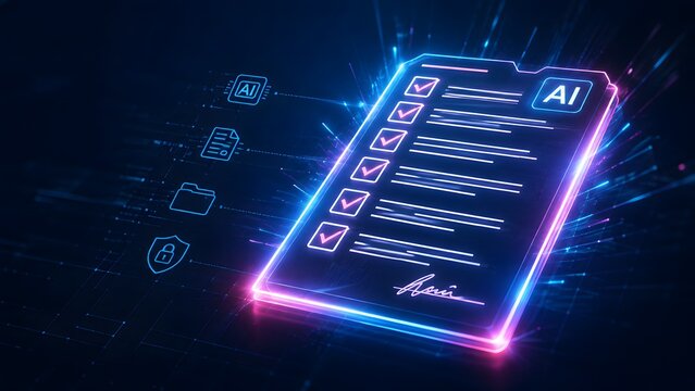 Glowing digital checklist with a signature on a dark blue background. Concept of artificial intelligence driven smart contracts and digital document verification.