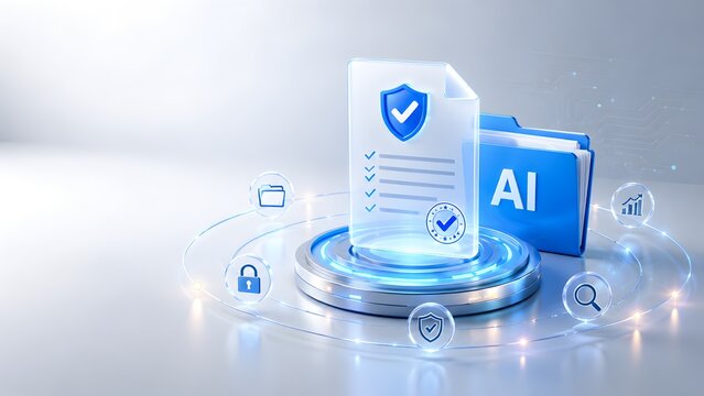Glowing artificial intelligence folder and transparent document with a shield emblem. Concept of cyber security compliance and smart data management.