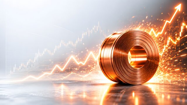 Glowing copper coil with upward financial charts and sparks. Concept of industrial commodity market growth and metal investment.