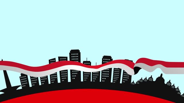 Indonesia Independence Day City Skyline with Wavy Flag Looping Animation Background