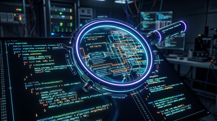 Fototapeta premium Futuristic cybersecurity dashboard with glowing network analysis and data visualization