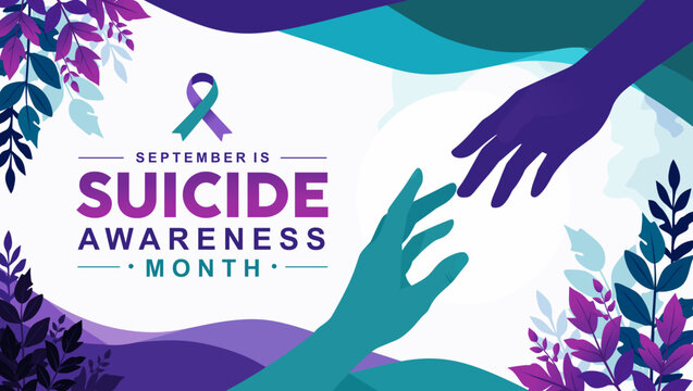 Suicide Prevention Awareness Month vector background featuring reaching hands concept, awareness ribbon emblem, and vibrant leafy foliage frame.