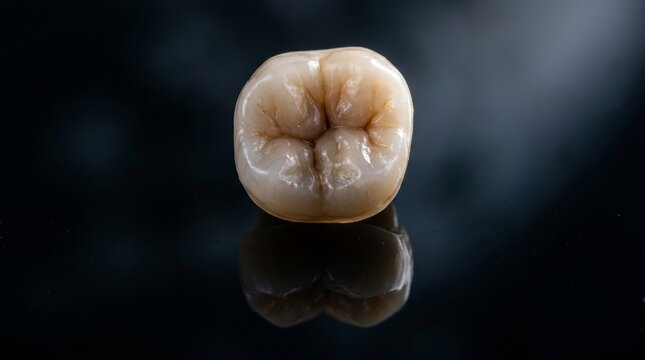 This close up view shows a single molar tooth resting on a reflective surface