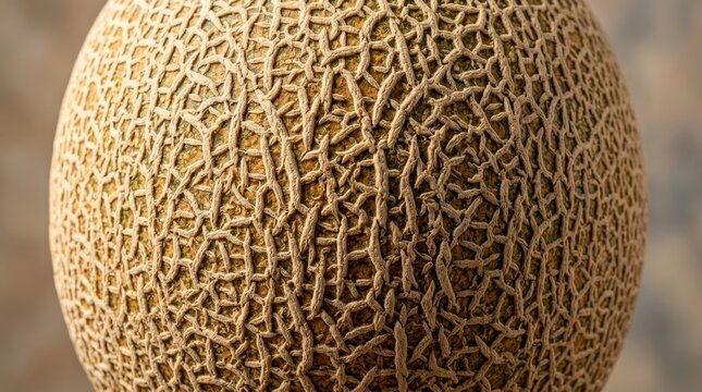 This close up shows a cantaloupe rind with rough netting.