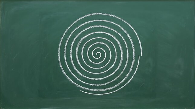 White chalk hand drawn spiral pattern centered on a textured green school classroom chalkboard surface with displays perfectly centered pattern rendered dusty