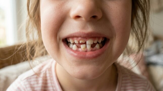 A child smiles with missing front teeth in a close up shot