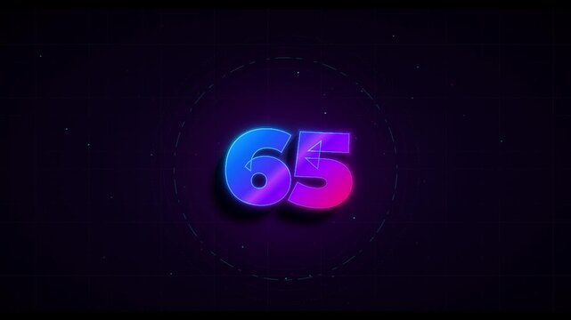 Number 65 neon glowing animation on digital dark background