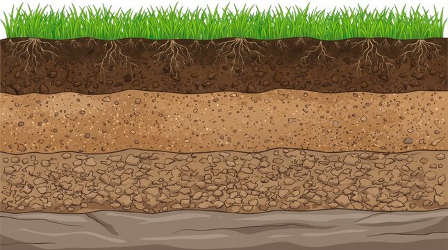 A cross-section illustration showing soil layers topped with green grass and visible root systems.