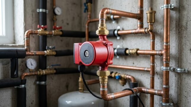 A red water pump sits among copper pipes in a basement mechanical room.
