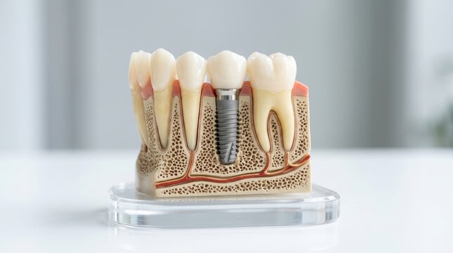 This model shows a dental implant among natural teeth in cross section.