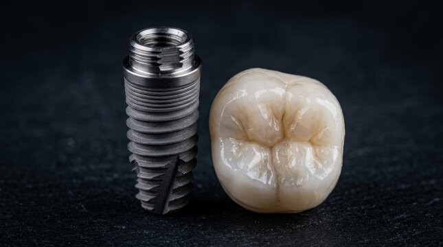 A metal threaded stack sits beside a tooth model for dental study.