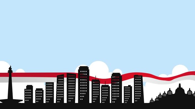 Indonesia Independence Day City Skyline with Monas Borobudur and Flag Ribbon Animation Video Background