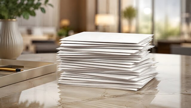 Large pile of white mail envelopes stacked on elegant marble desk in luxurious office setting for corporate correspondence