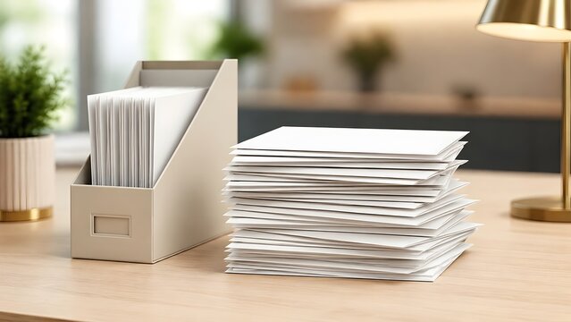 Organized office workspace with white documents stacked in file holder and pile of paper envelopes on wooden desk