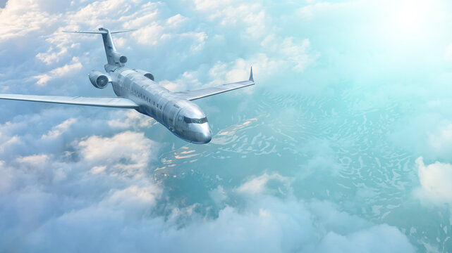 Commercial Airplane Flying Over City and Lakes Aerial View &mdash; 3D Render