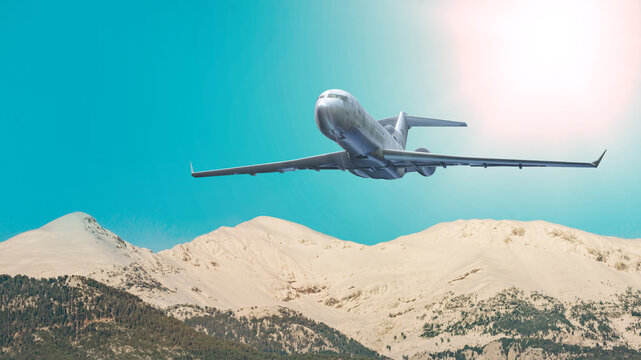 Silver Commercial Airplane Flying Over Snowy Mountains Against Turquoise Sky &mdash; 3D Render