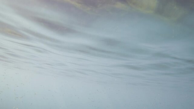 Underwater view of clear blue water, sunlight reflecting and refracting on the surface, creating serene rippling patterns