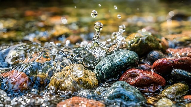 Close-up of clear water splashing over colorful wet pebbles in a shallow stream with bokeh background