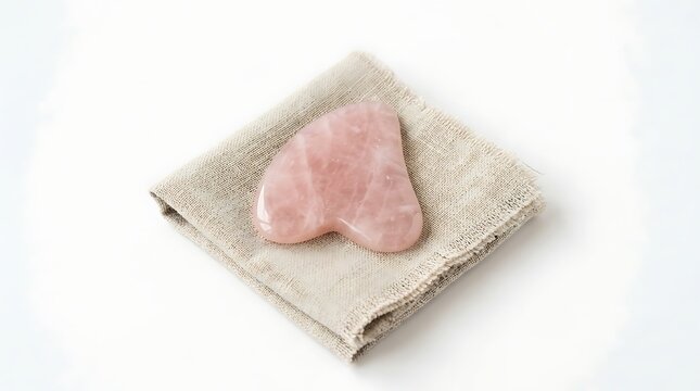Pink rose quartz gua sha facial massage tool resting upon folded natural linen fabric surface with against white background placed centrally square