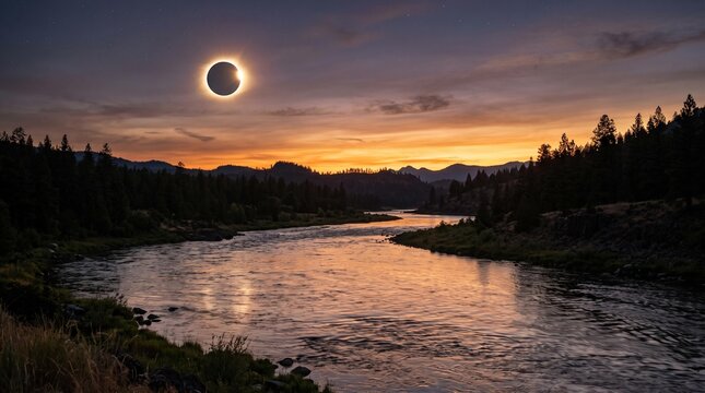 Solar eclipse over a serene river at dusk.