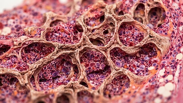 Microscopic view of bone marrow tissue with spongy bone structure and cells visible