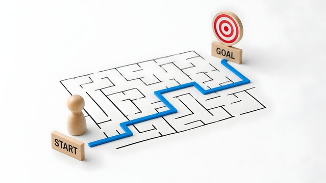 Business strategy concept with wooden pawn navigating a maze from start to goal target showing problem solving path