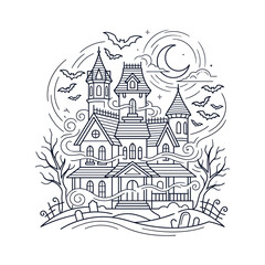 Fototapeta premium Haunted Mansion Outline Illustration with Bats and Moon