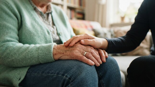 A close-up shot of a younger person gently holding the hands of an elderly woman, symbolizing care, comfort, compassion, and support.