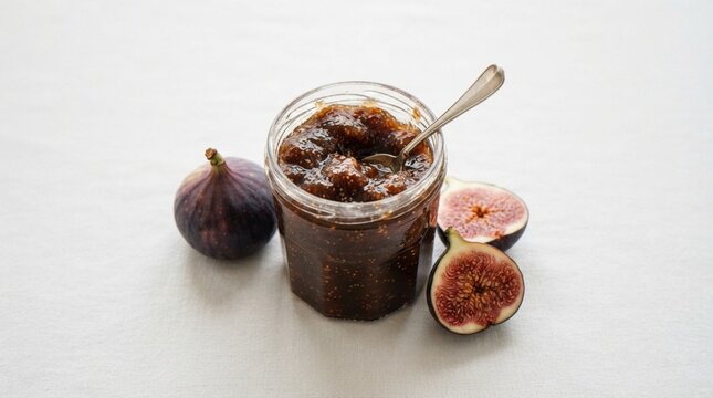 A glass jar filled with fresh homemade fig jam, accompanied by whole and sliced ripe purple figs on a neutral light-colored background.