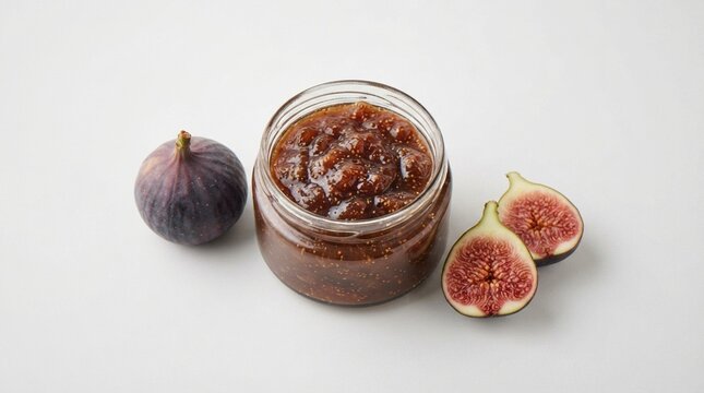 A glass jar filled with fresh fig jam next to a whole fig and a sliced half fig on a plain white background.