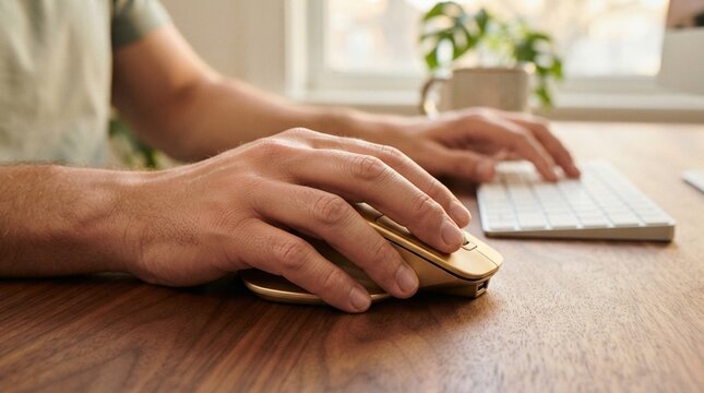 A close-up shot of a person using a gold-colored wireless computer mouse and keyboard on a wooden desk in a bright, modern home office setting.