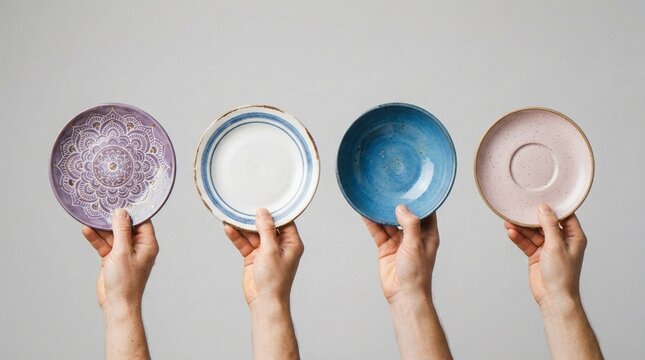 Four hands holding unique handcrafted ceramic plates and bowls against a neutral background.
