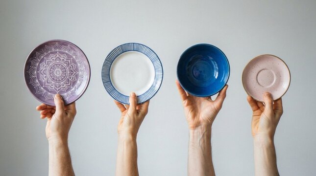 A row of four diverse hands held up against a white background, each holding a different ceramic piece including plates and a bowl.
