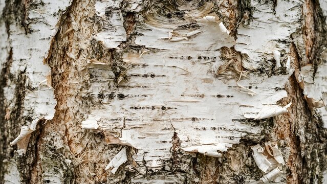 Close-up macro shot of peeling birch tree bark with intricate textures and patterns